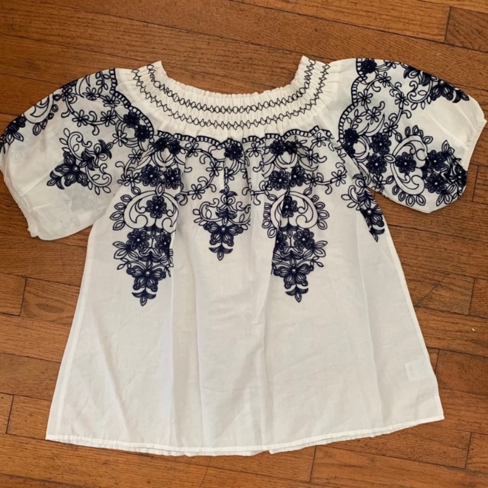 New Anthropologie Embroidered Cotton White Blue Off Shoulder Summer Poplin Top S